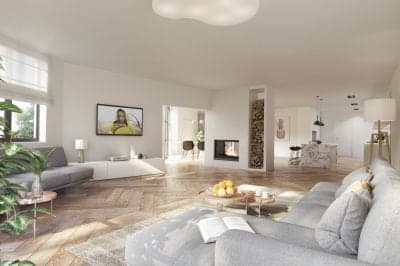 Grote woonkamer met houten vloer en grijze woonaccessoires