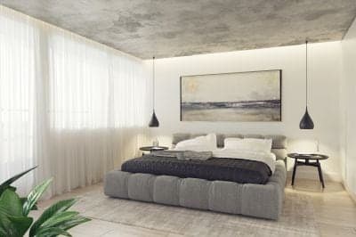 Lichte slaapkamer met een grijze plafond en bed