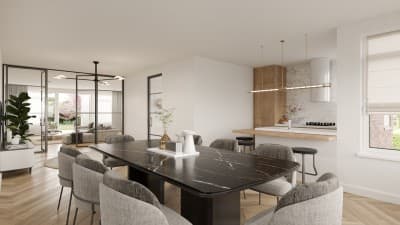 Moderne woonkamer met een marble eettafel 